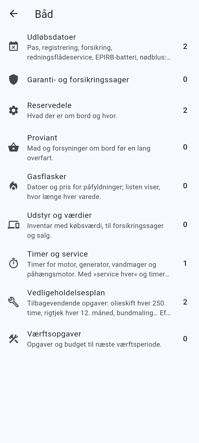 Visa, tilladelser, reservedele og service, med påmindelser