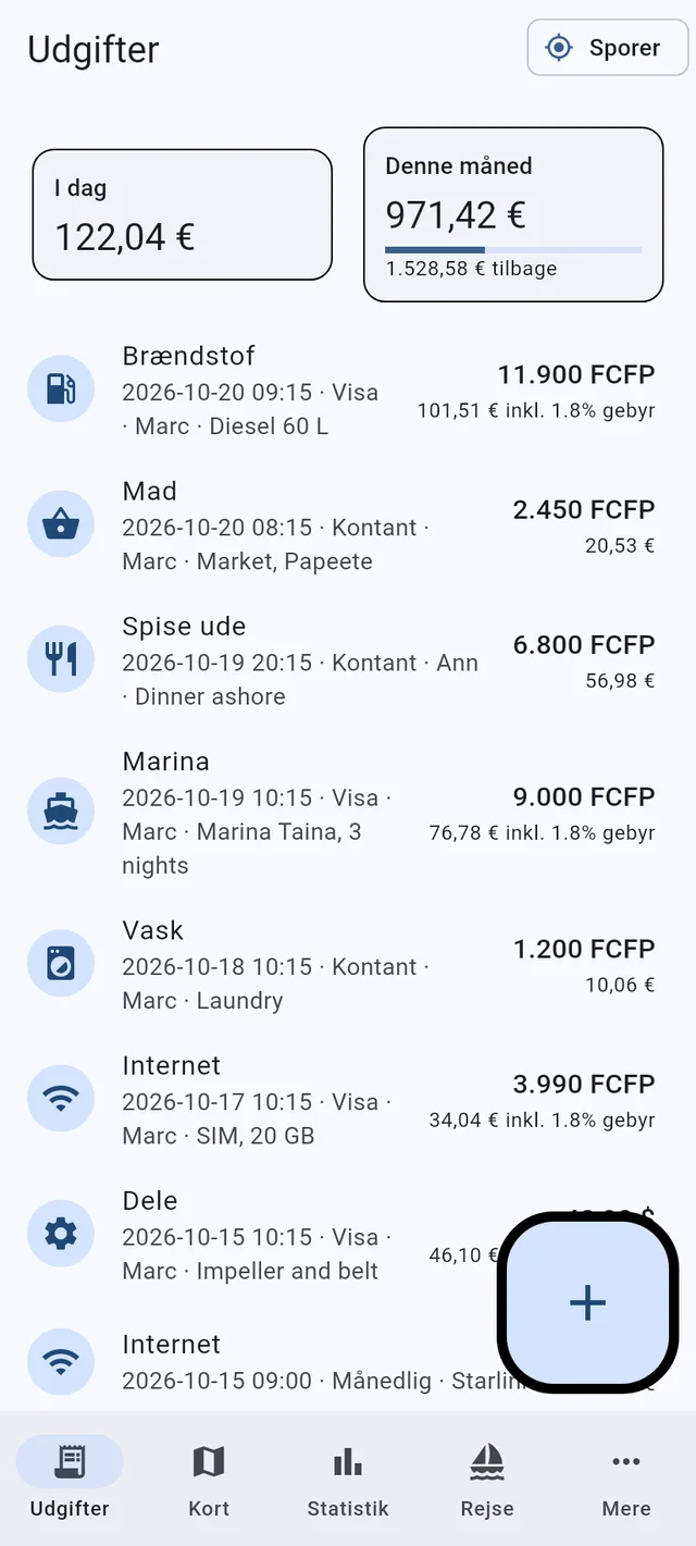 Fanen Udgifter i Boat Budget på en telefon: dagens og månedens summer, udgifter i flere valutaer
