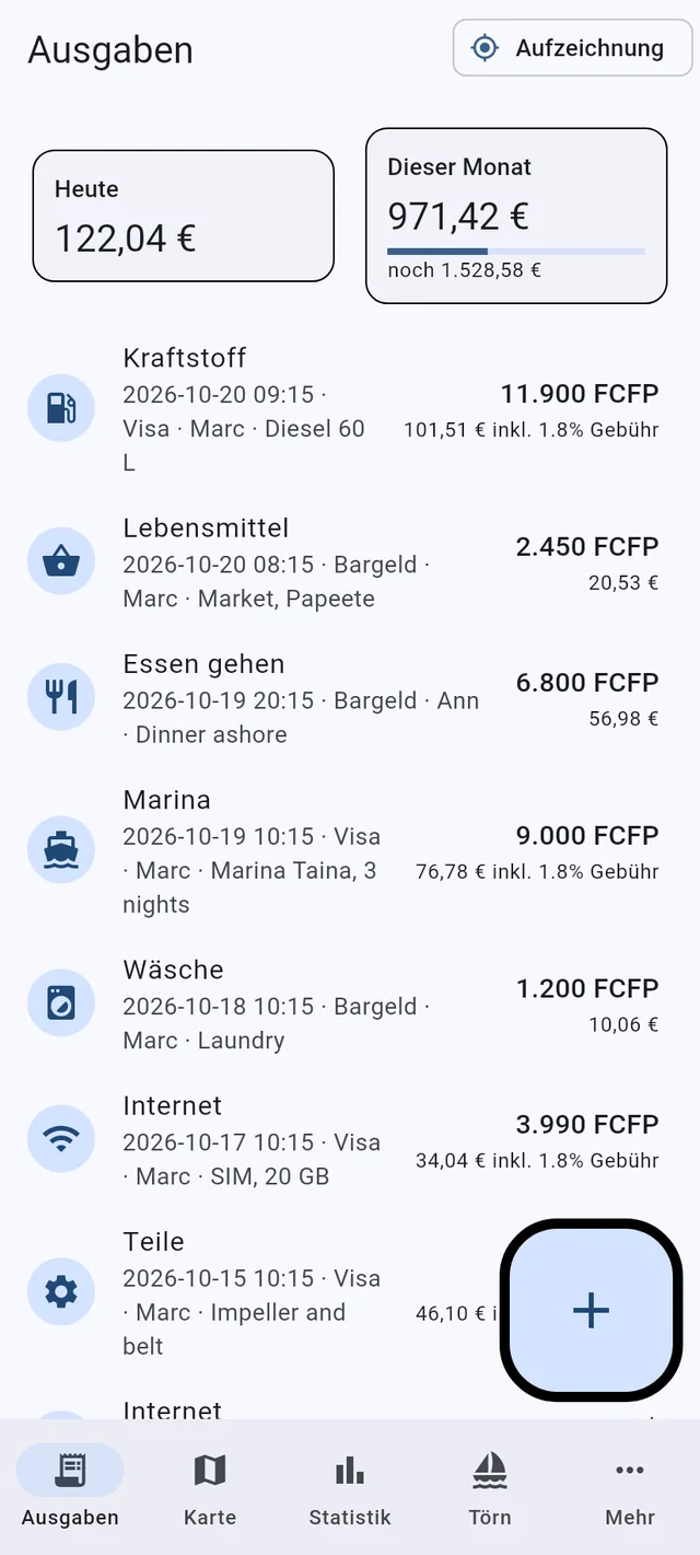 Der Ausgaben-Tab von Boat Budget auf einem Telefon: die Summen von heute und diesem Monat, Ausgaben in mehreren Währungen