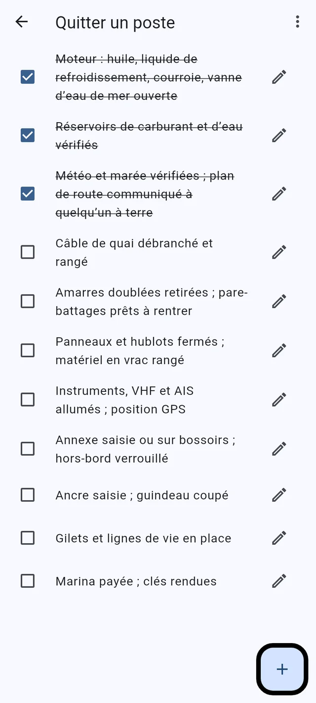 Listes de courses et check-lists, sur chaque téléphone du bord