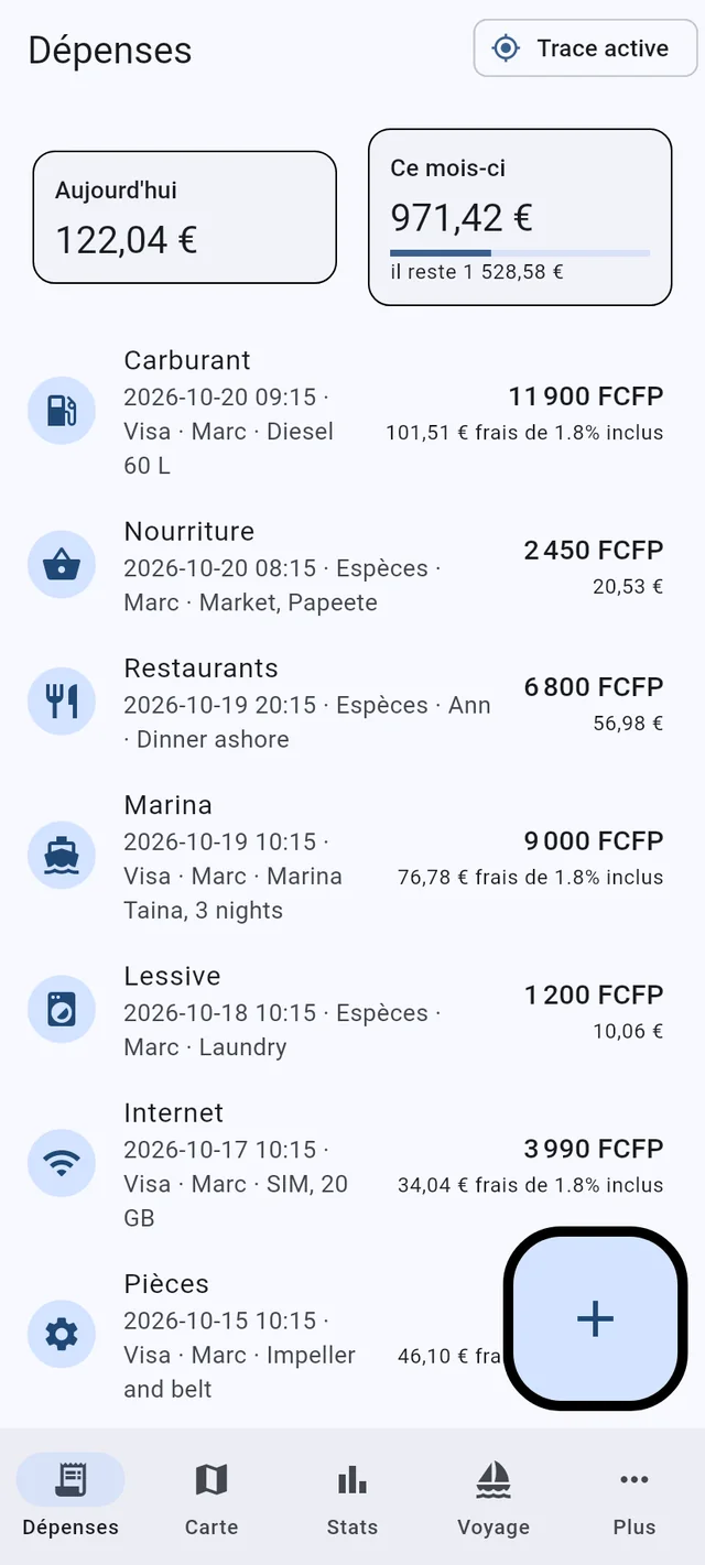 L’onglet Dépenses de Boat Budget sur un téléphone : les totaux du jour et du mois, des dépenses dans plusieurs monnaies