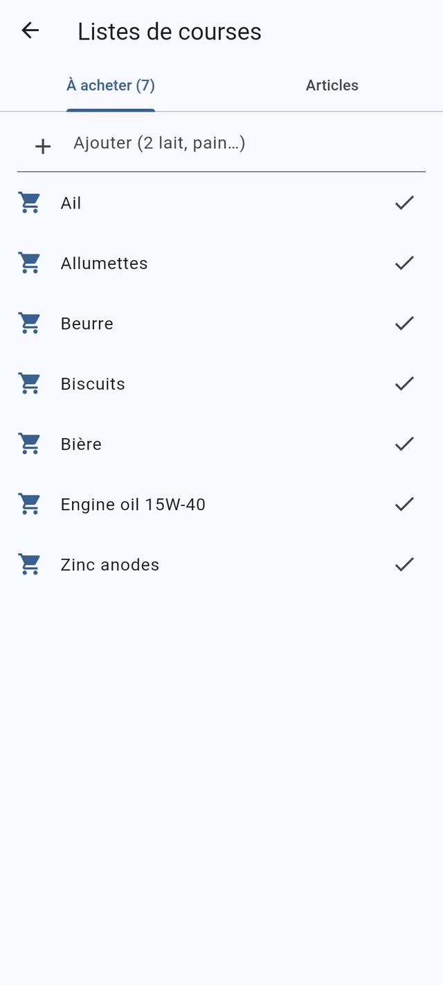 Listes de courses et check-lists, sur chaque téléphone du bord