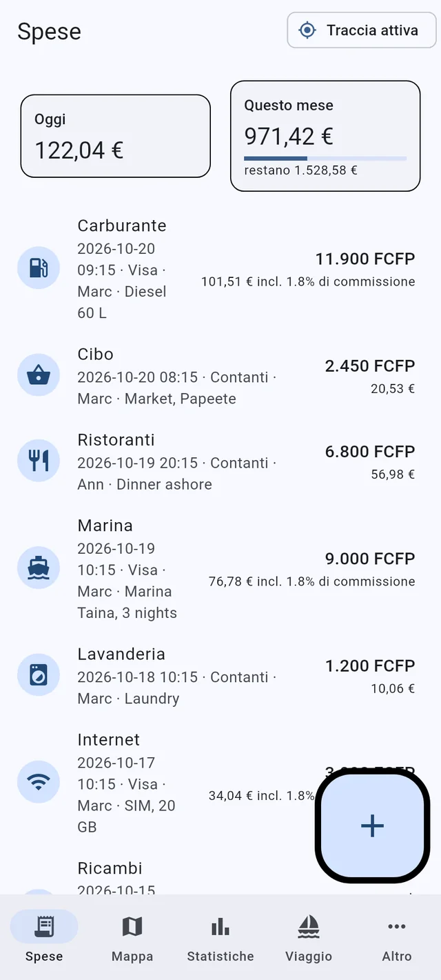 La scheda Spese di Boat Budget su un telefono: i totali di oggi e del mese, spese in più valute