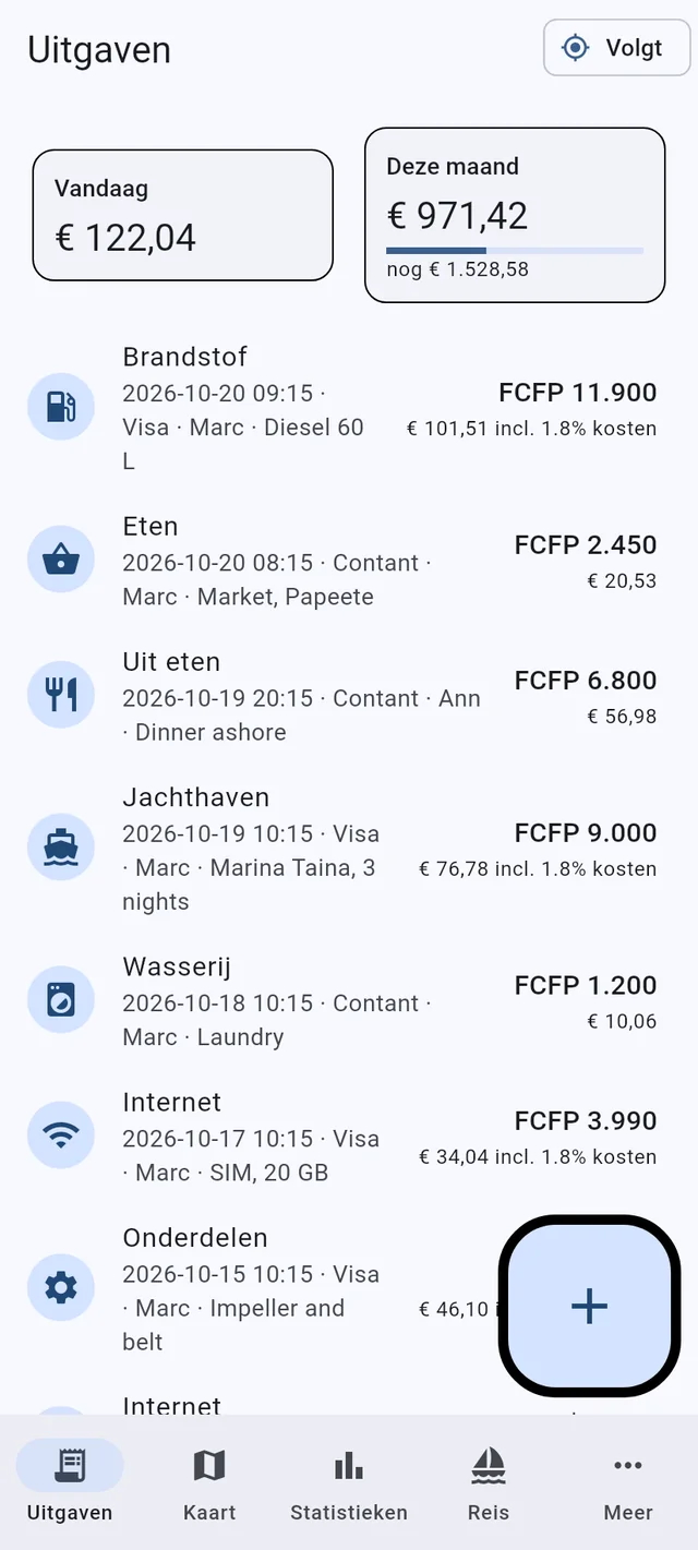 Het tabblad Uitgaven van Boat Budget op een telefoon: de totalen van vandaag en deze maand, uitgaven in meerdere valuta’s