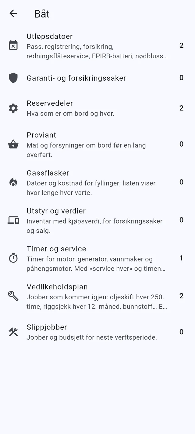 Visum, tillatelser, reservedeler og service, med varsler