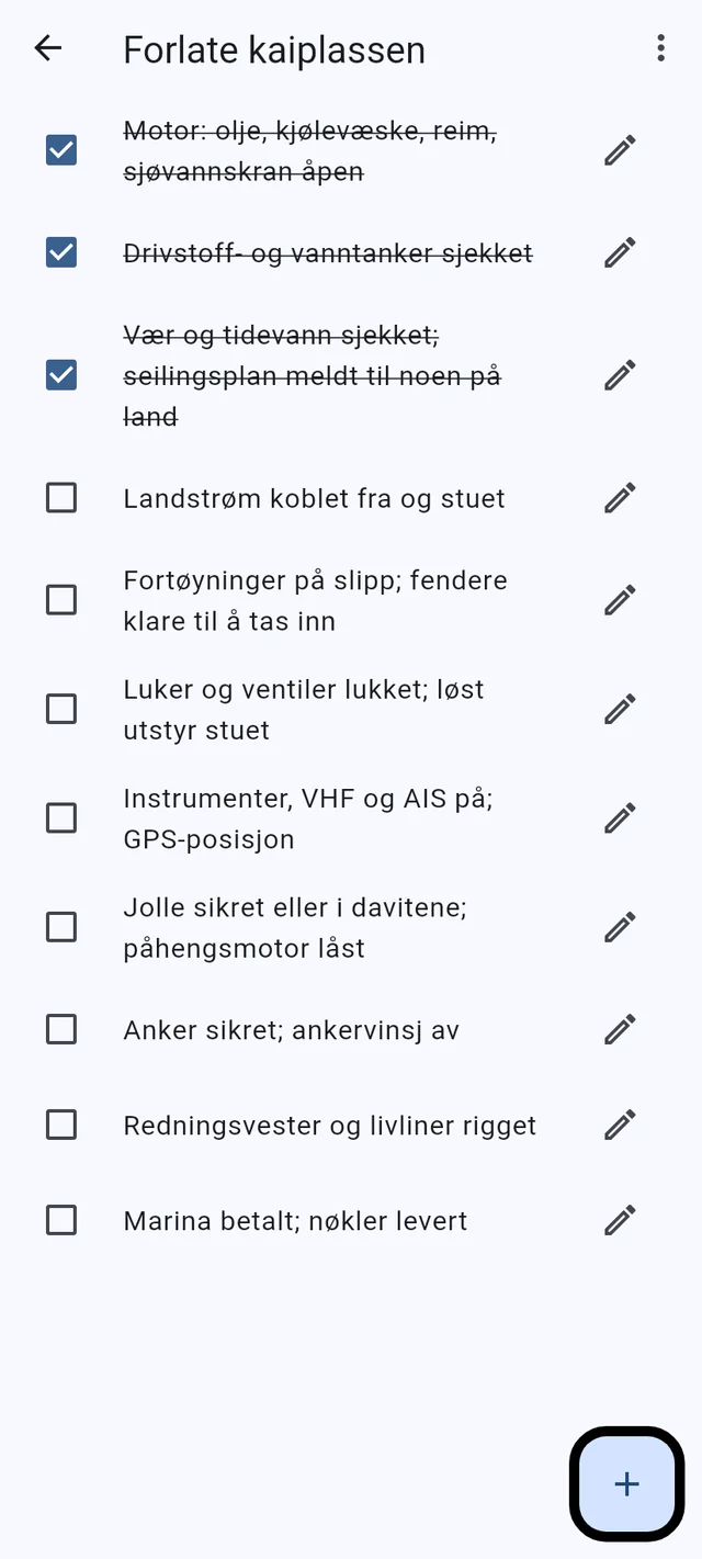 Handlelister og sjekklister, på hver telefon om bord