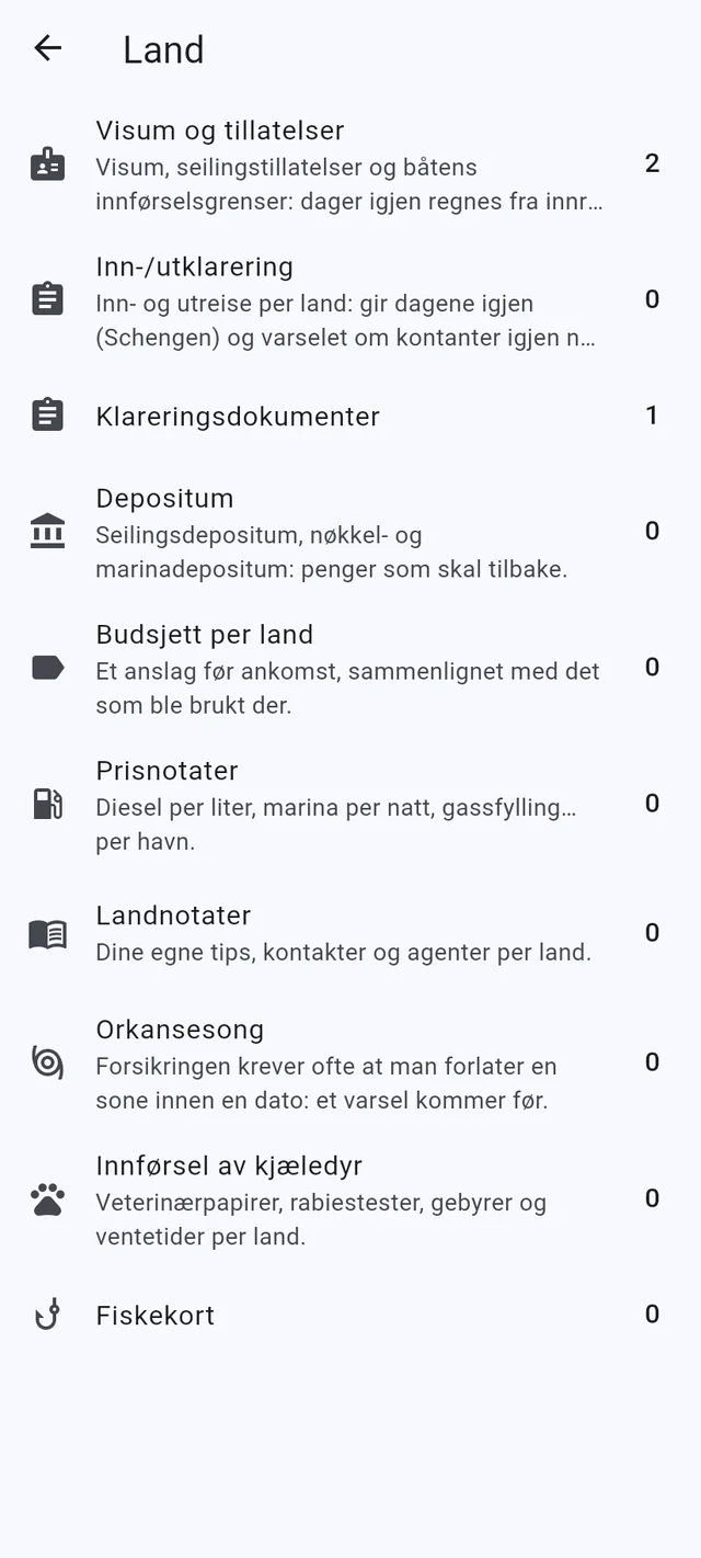 Visum, tillatelser, reservedeler og service, med varsler