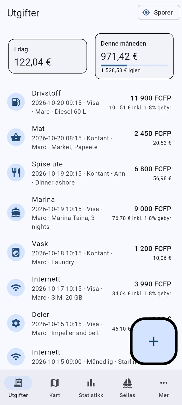 Fanen Utgifter i Boat Budget på en telefon: summene for i dag og denne måneden, utgifter i flere valutaer