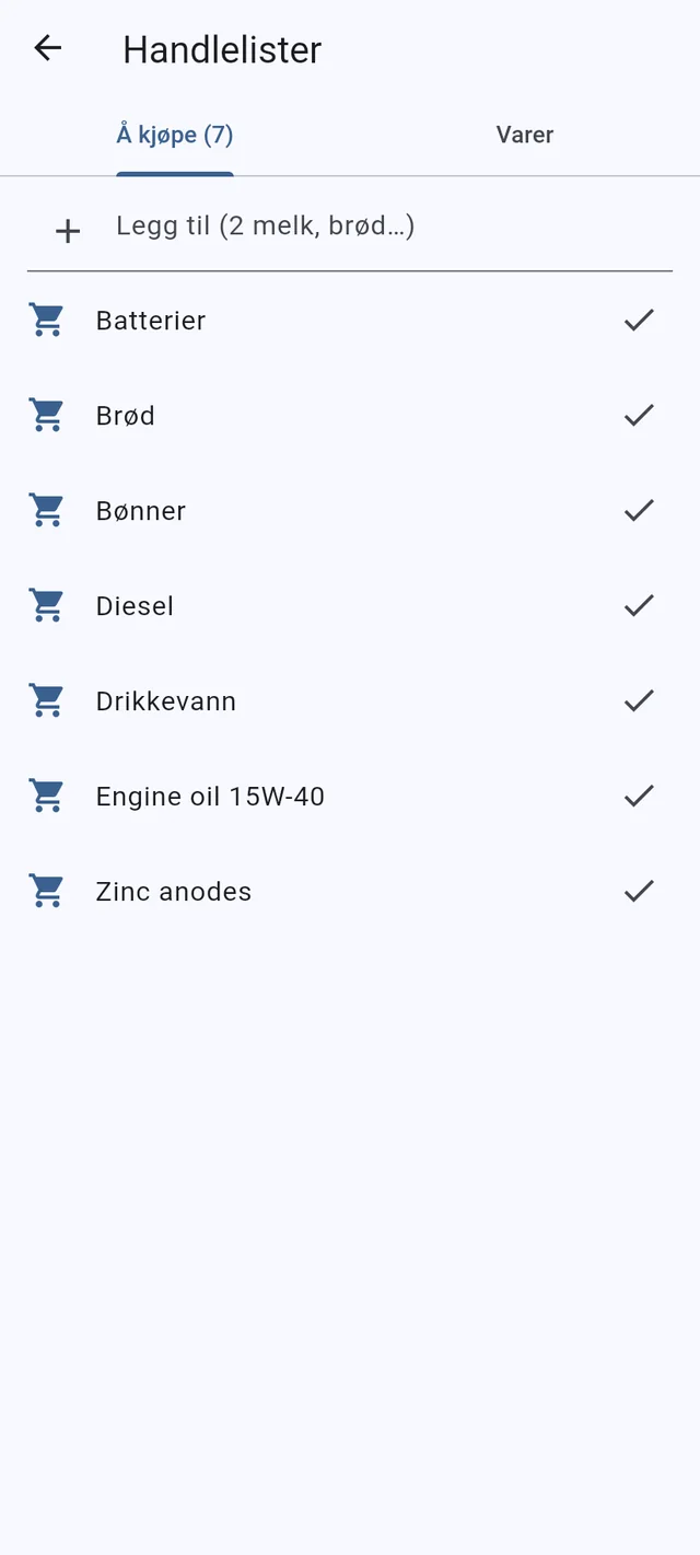 Handlelister og sjekklister, på hver telefon om bord