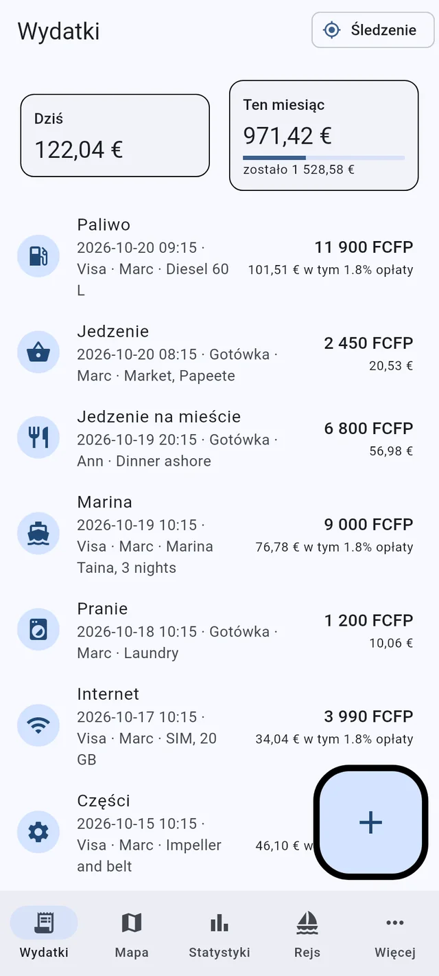 Zakładka Wydatki w Boat Budget na telefonie: sumy z dziś i z tego miesiąca, wydatki w kilku walutach
