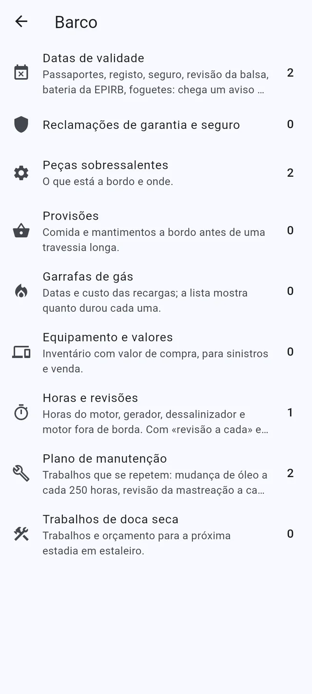 Vistos, licenças, sobressalentes e manutenção, com alertas