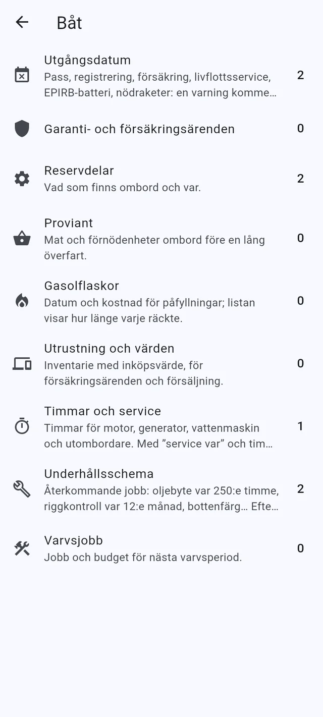 Visum, tillstånd, reservdelar och service, med påminnelser