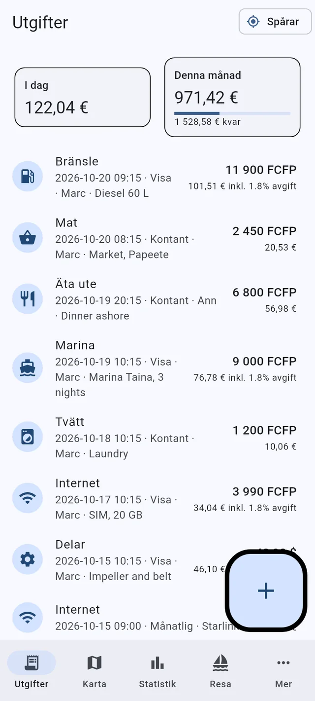 Fliken Utgifter i Boat Budget på en telefon: dagens och månadens summor, utgifter i flera valutor