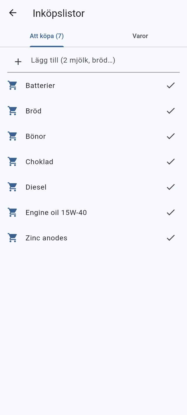 Inköpslistor och checklistor, på varje telefon ombord